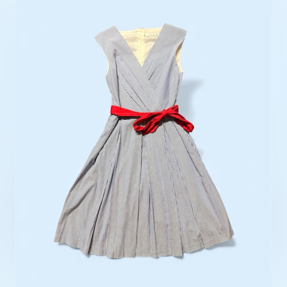 Chetta B Blue Striped Midi Dress with Red Accent